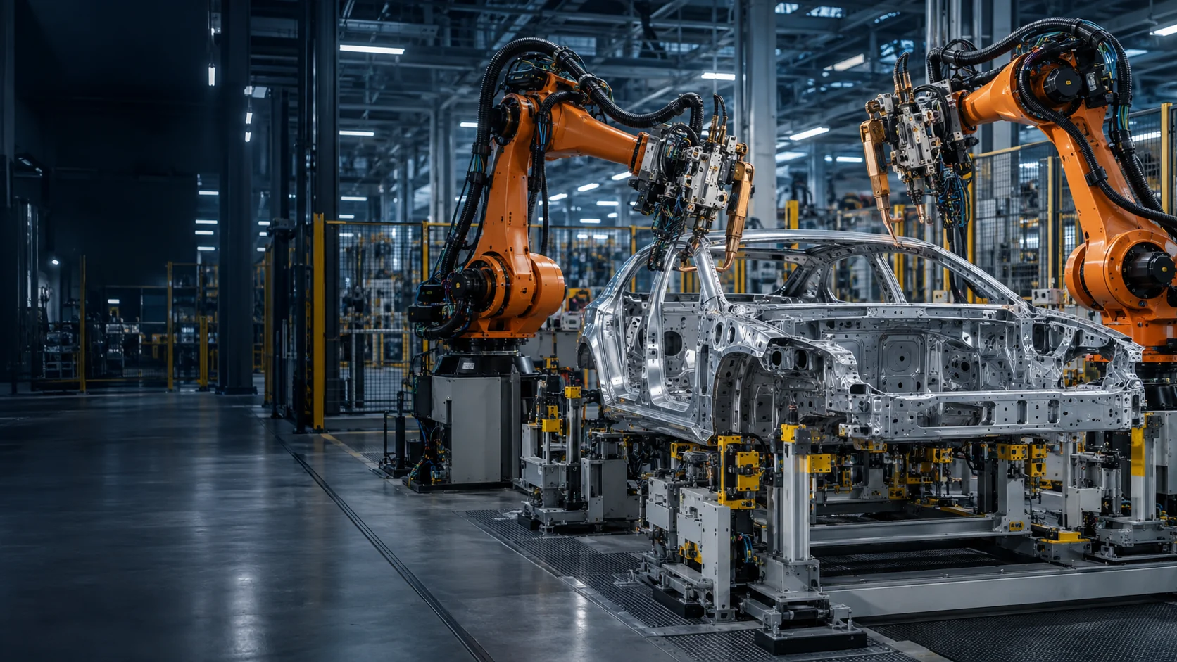 Conceptual visual of industrial robots in an automotive cell